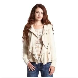 Free People Women's S Clementine Lace Inset Hoodie Oatmeal Mixed Media Boho